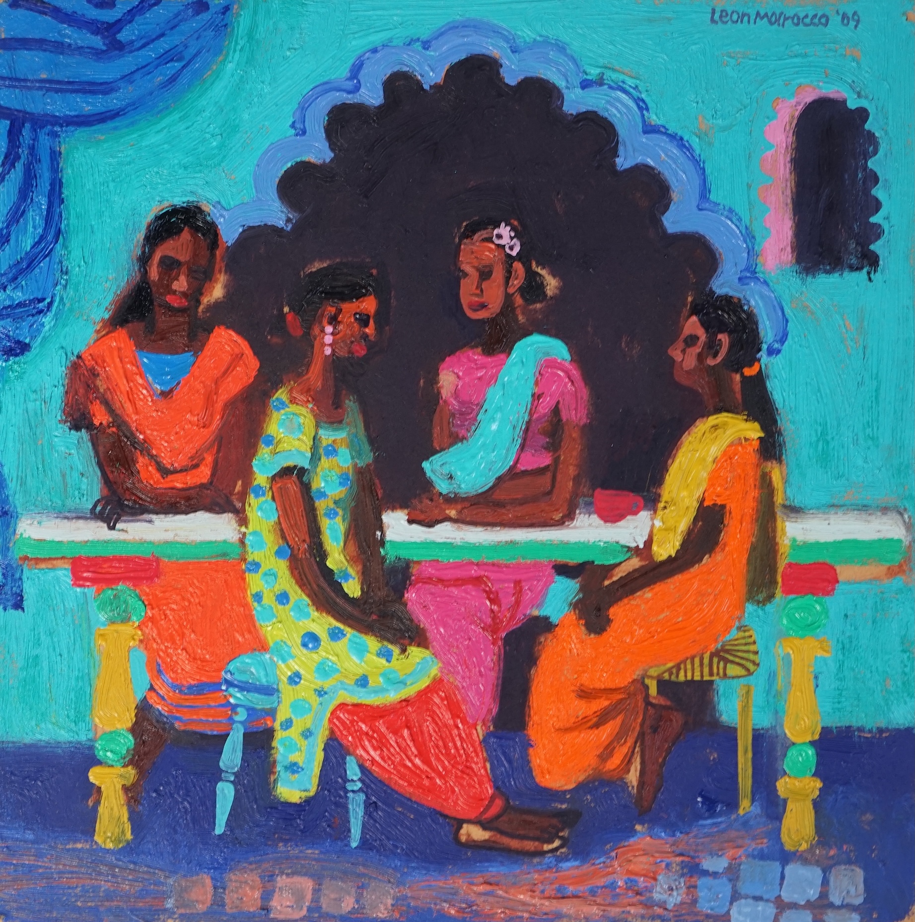 Leon Morrocco R.S.A., R.G.I. (Scottish, b.1942), 'Girls taking tea, Mumbai', oil on board, 25 x 25cm